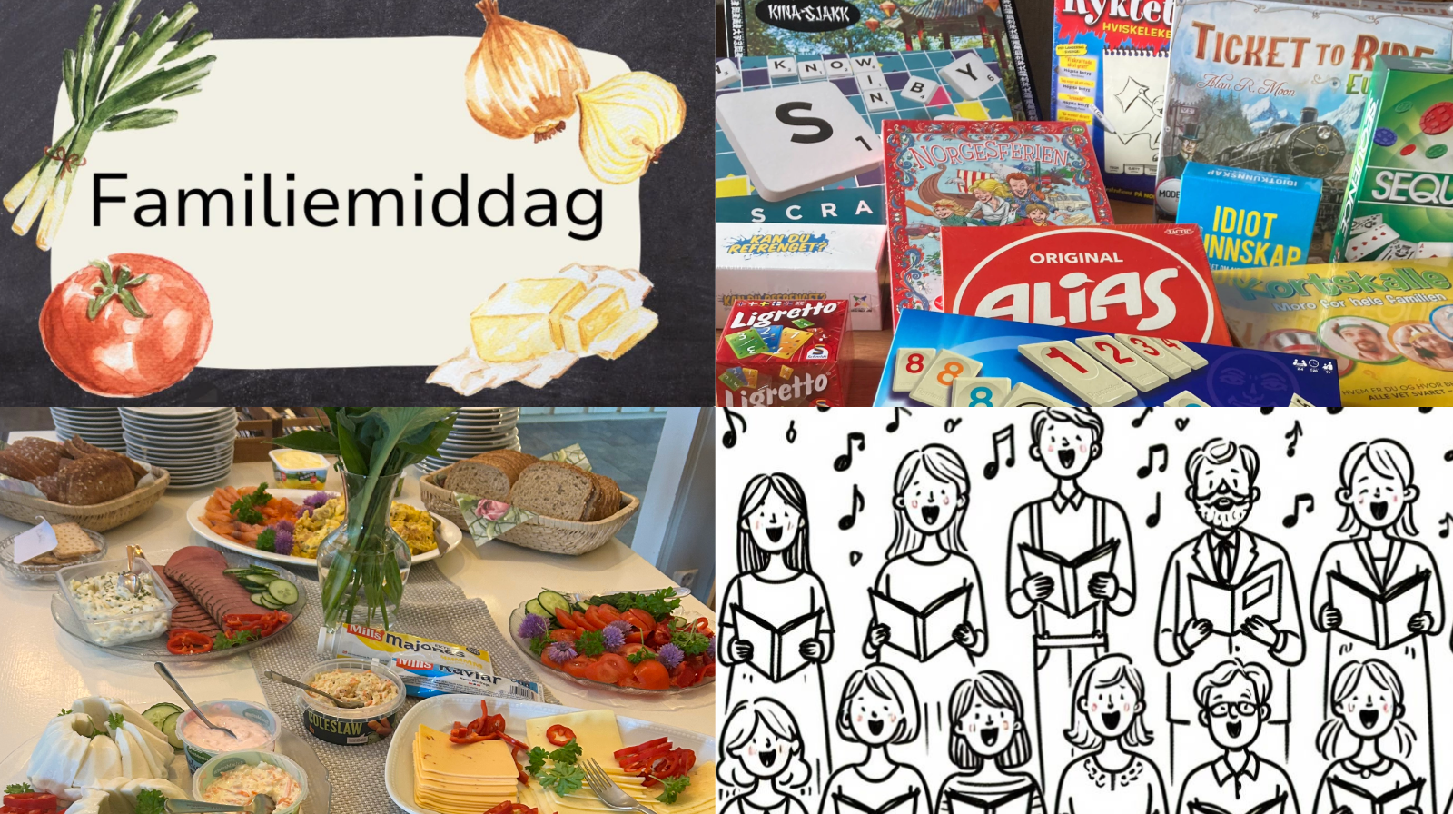 Kollasj med fire bilder: Logo familiemiddag, trettspill, lunsjbord, illustrasjon av kor